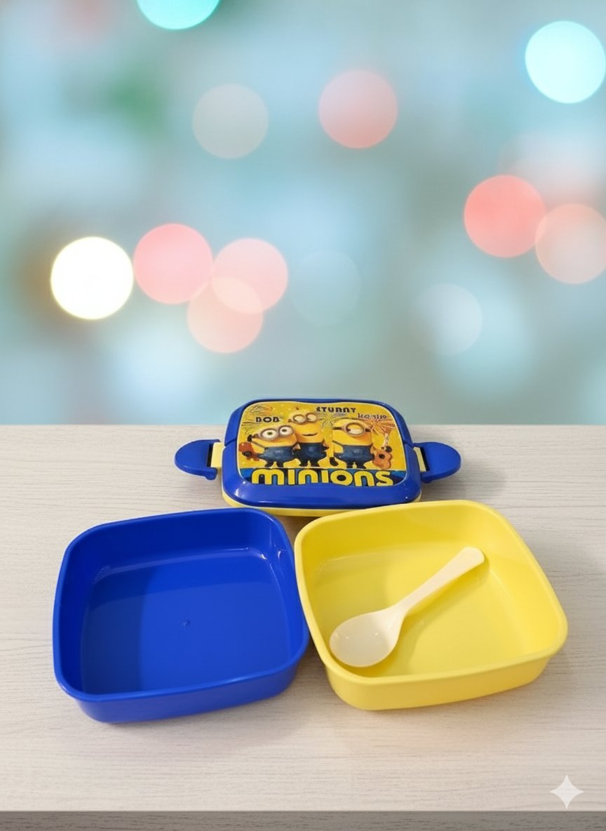 Square Shaped Plastic Lunch Box for Kids with Spoon & 2 Partitions