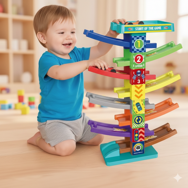 DIY Assembled Gliding Race Track with Parking Lot & Mini Cars| Educational Vehicle Playset Gift for Boys