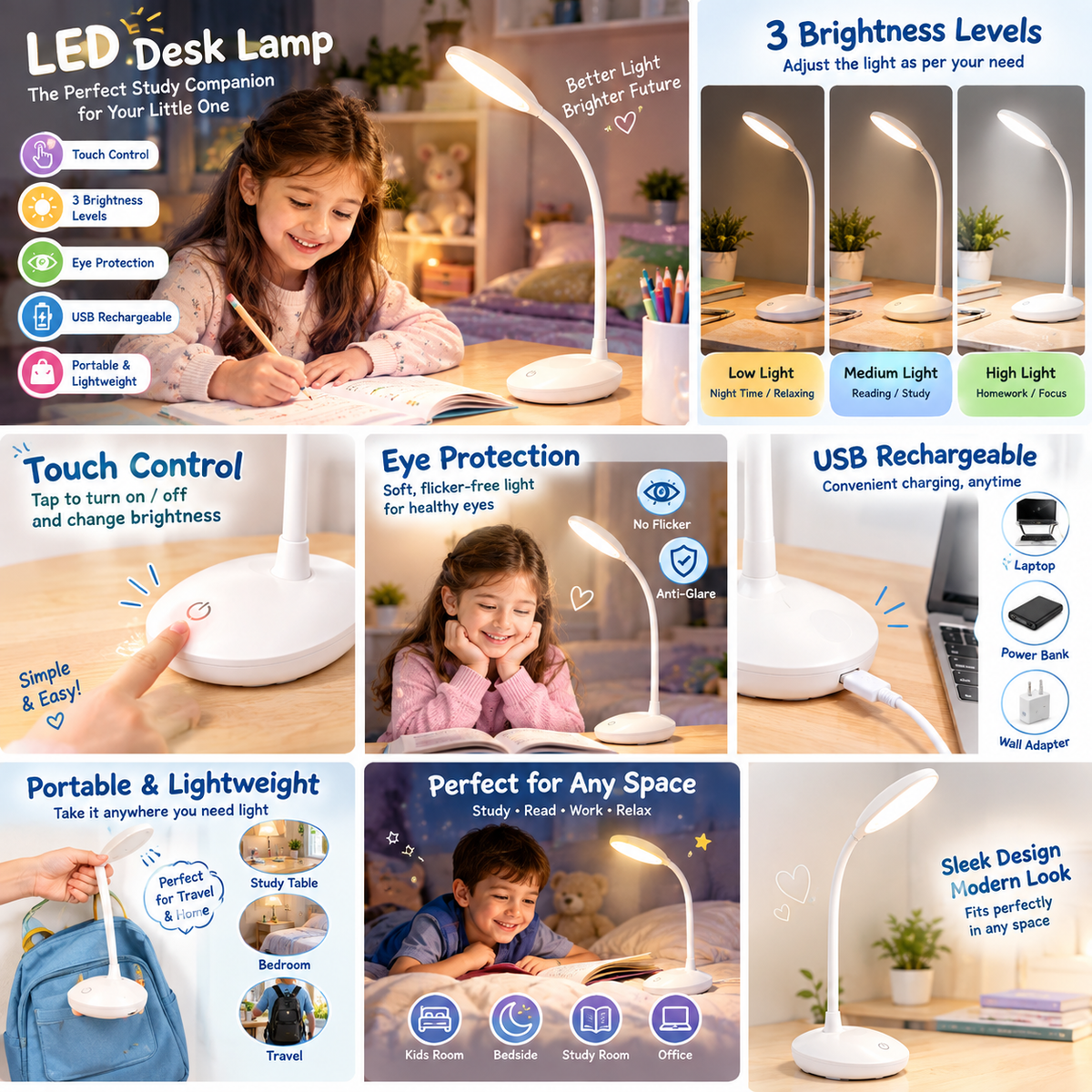 Kids Study Desk Lamp – USB Rechargeable Touch LED Table Light with 3 Brightness Levels
