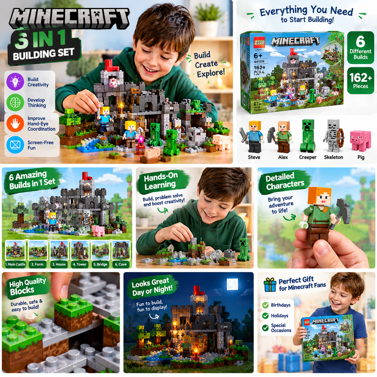 Minecraft 6-in-1 Building Blocks Set for Kids – DIY Construction & Educational Building Toy