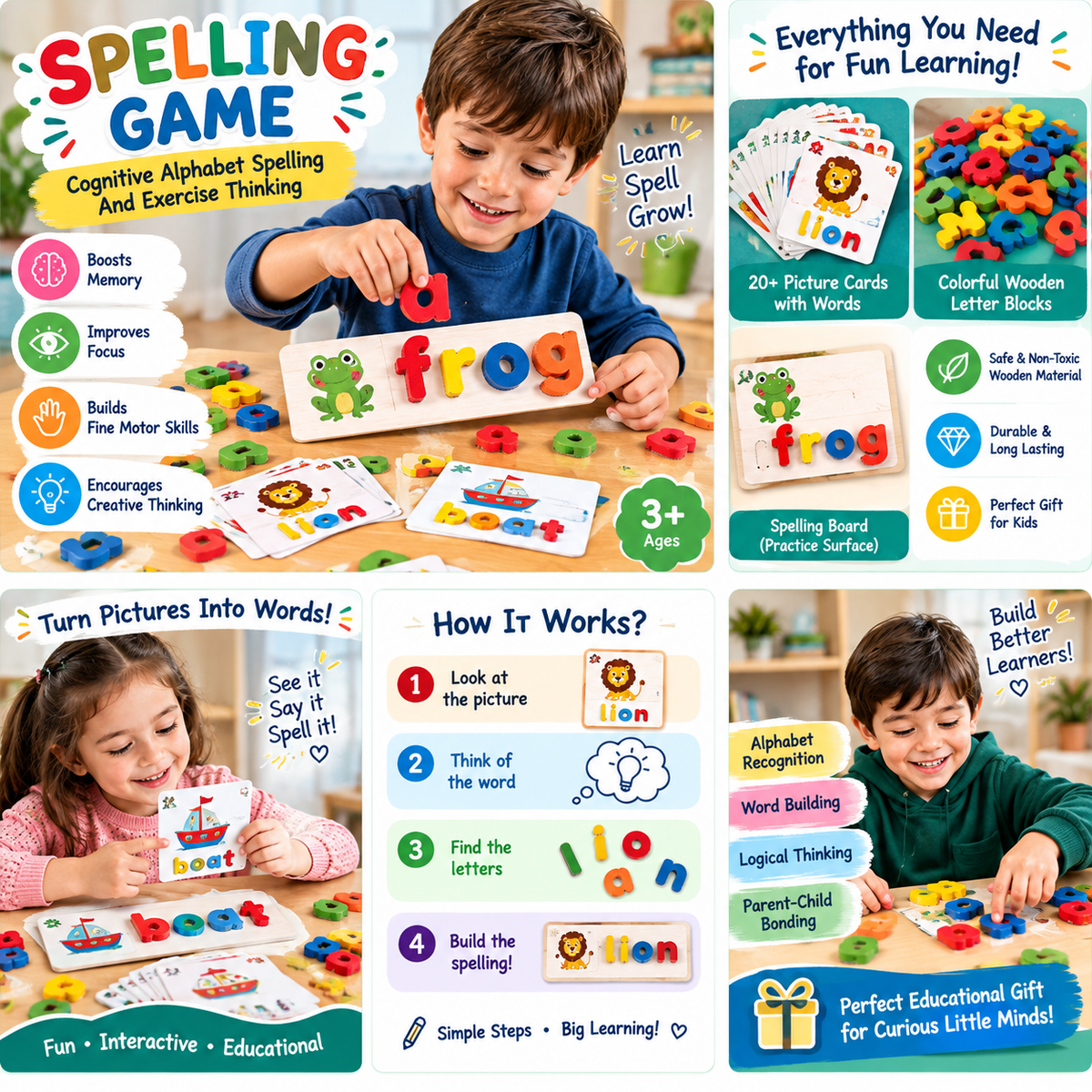 Wooden Spelling Toy for Kids – ABC Alphabet Learning Puzzle with Flash Cards & Letter Blocks | Montessori Educational Word Game