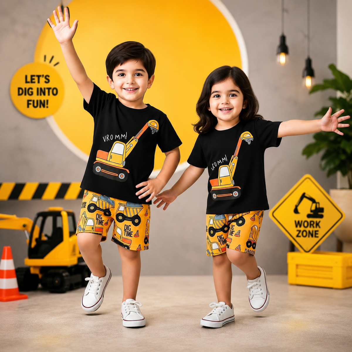 EXCAVATOR PRINT SHORT-SLEEVE TEE & SHORTS SET
