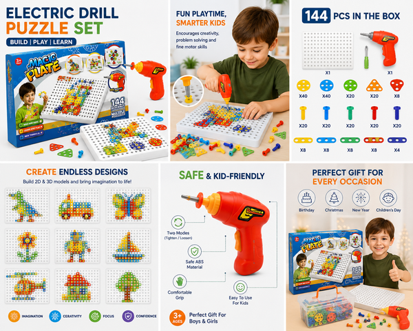 Kids Electric Drill Puzzle Set – DIY Educational Construction Board Toy (144 Pieces)