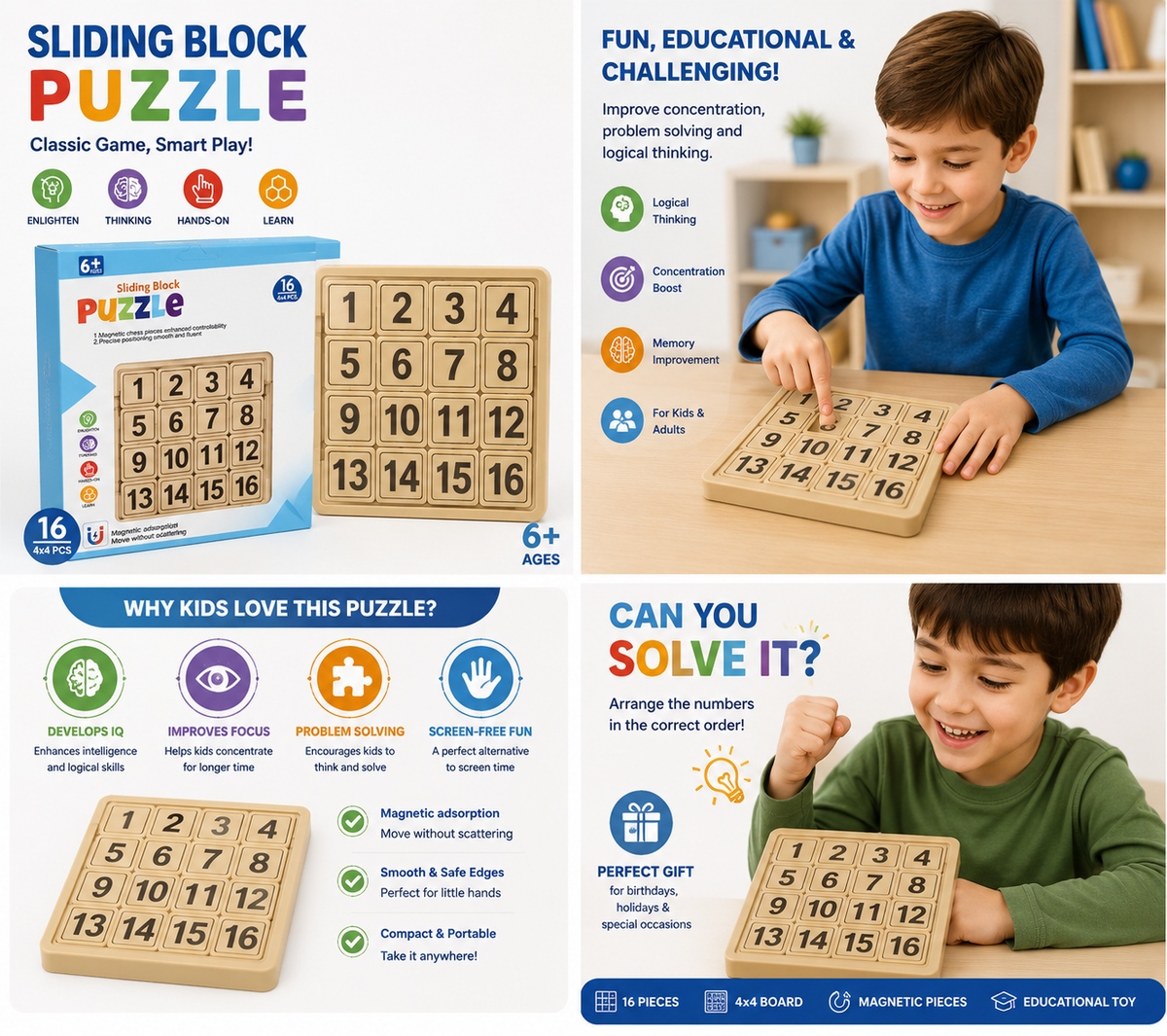 4x4 Sliding Block Digital Puzzle – Brain Teaser IQ Game for Kids & Adults
