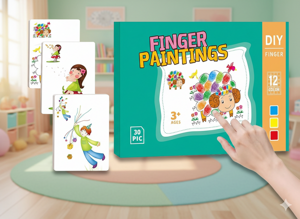 Kids Washable Finger Paint Stamp Set | 12 Colors + Doodle Drawing Book (30 Cards)