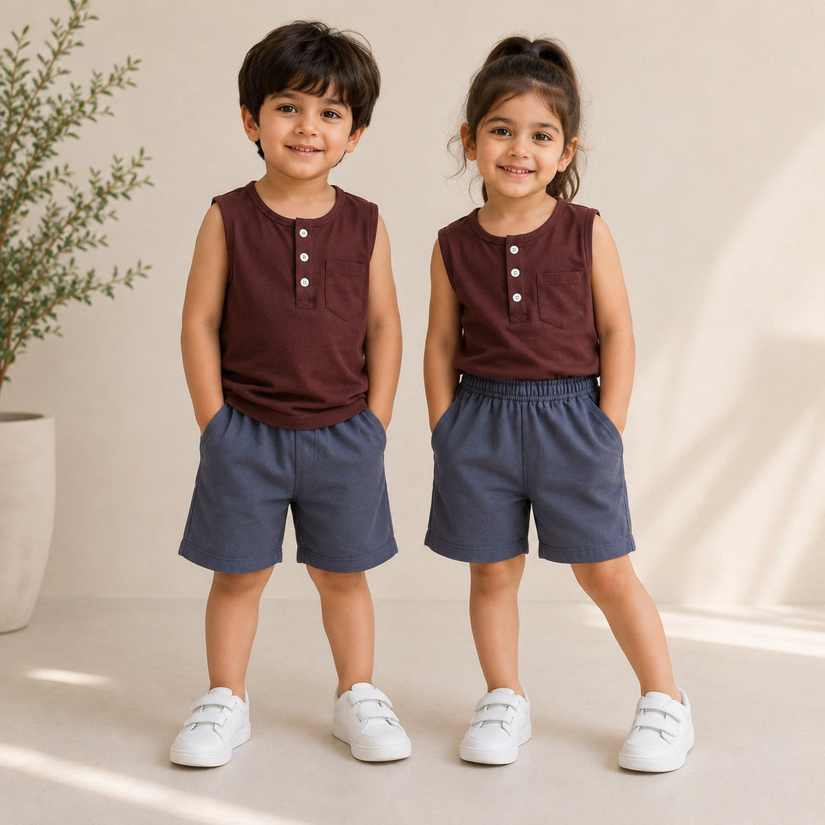 Brown  SLEEVELESS SHORTS SET
