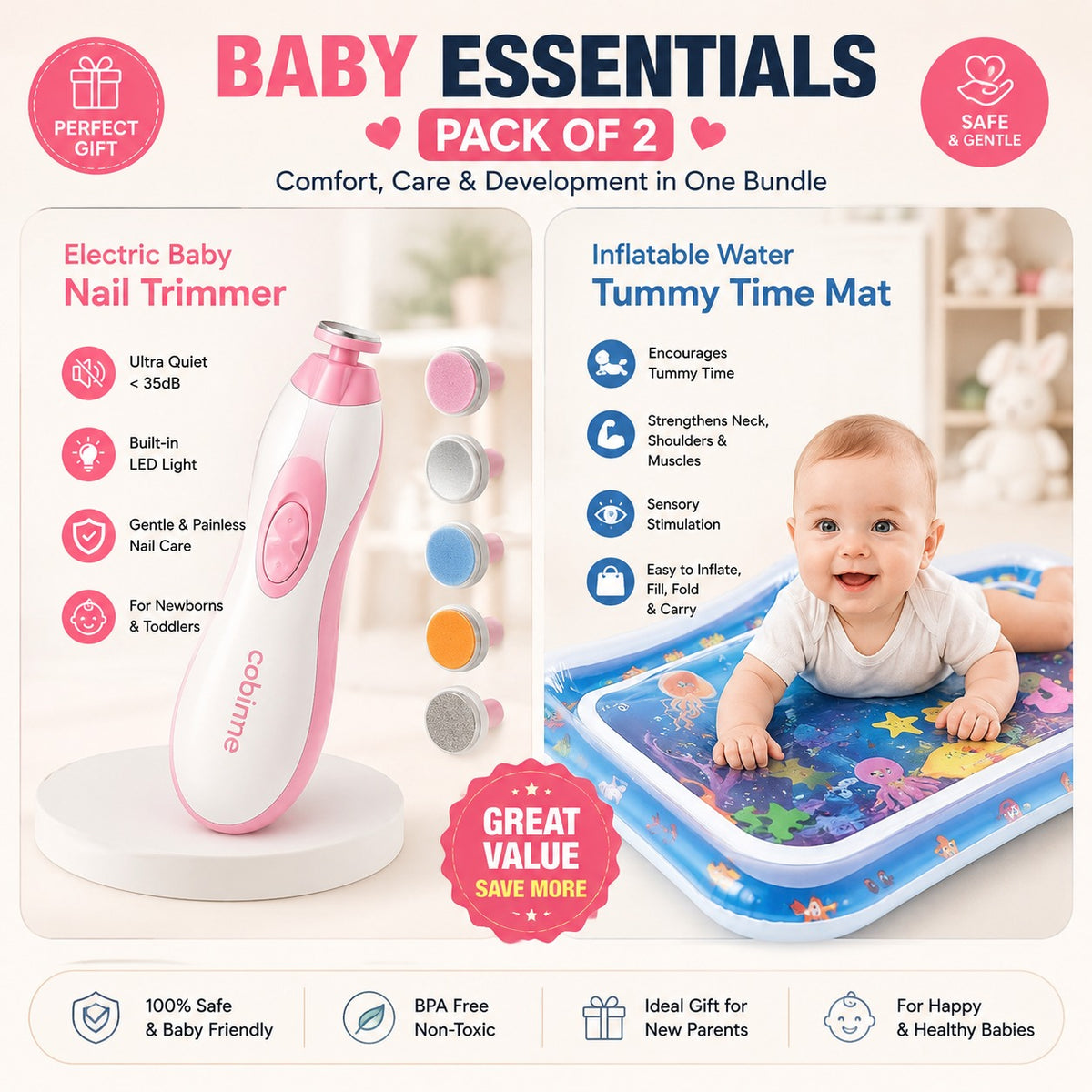 PACK OF 2 Electric Baby Nail Trimmer + Inflatable Water Tummy Time Mat Baby Essentials Bundle