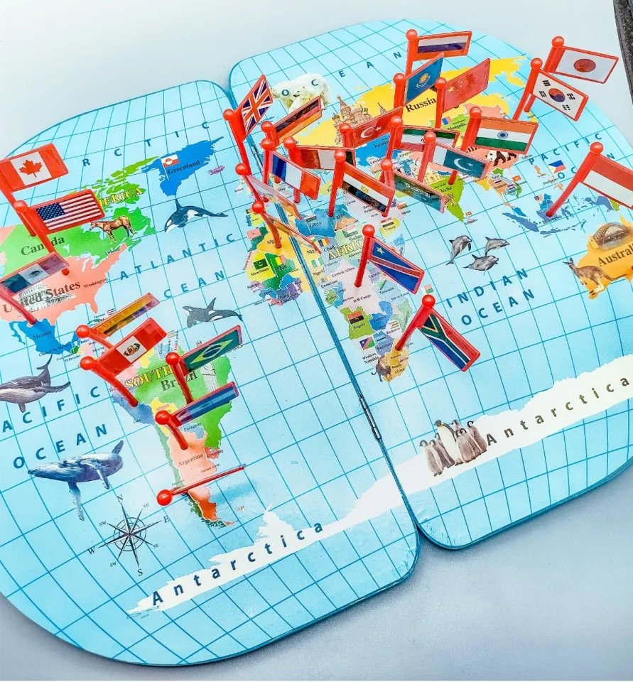 Educational Wooden World Map Puzzle with 30 Country Flags - Image 2