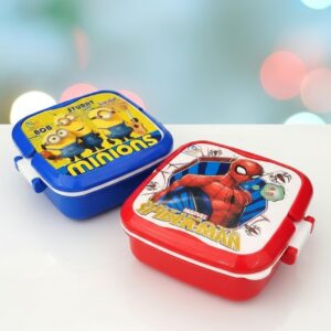 Square Shaped Plastic Lunch Box for Kids with Spoon & 2 Partitions