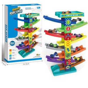 DIY Assembled Gliding Race Track with Parking Lot & Mini Cars| Educational Vehicle Playset Gift for Boys