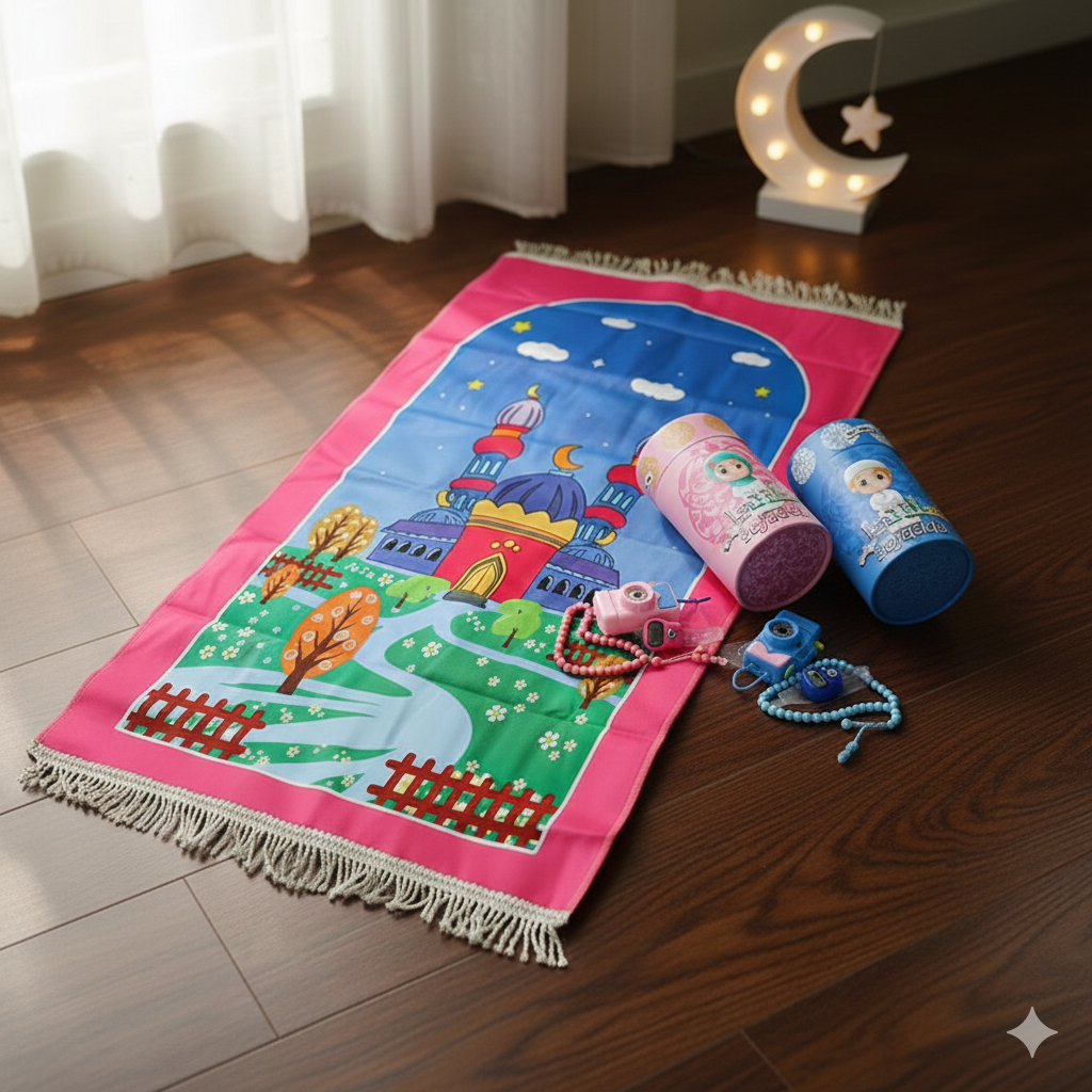 Islamic Prayer Mat Set for Kids with Tasbeeh Beads, Digital Zikr Counter Ring & Camera – Eid Ramadan Gift - Image 3